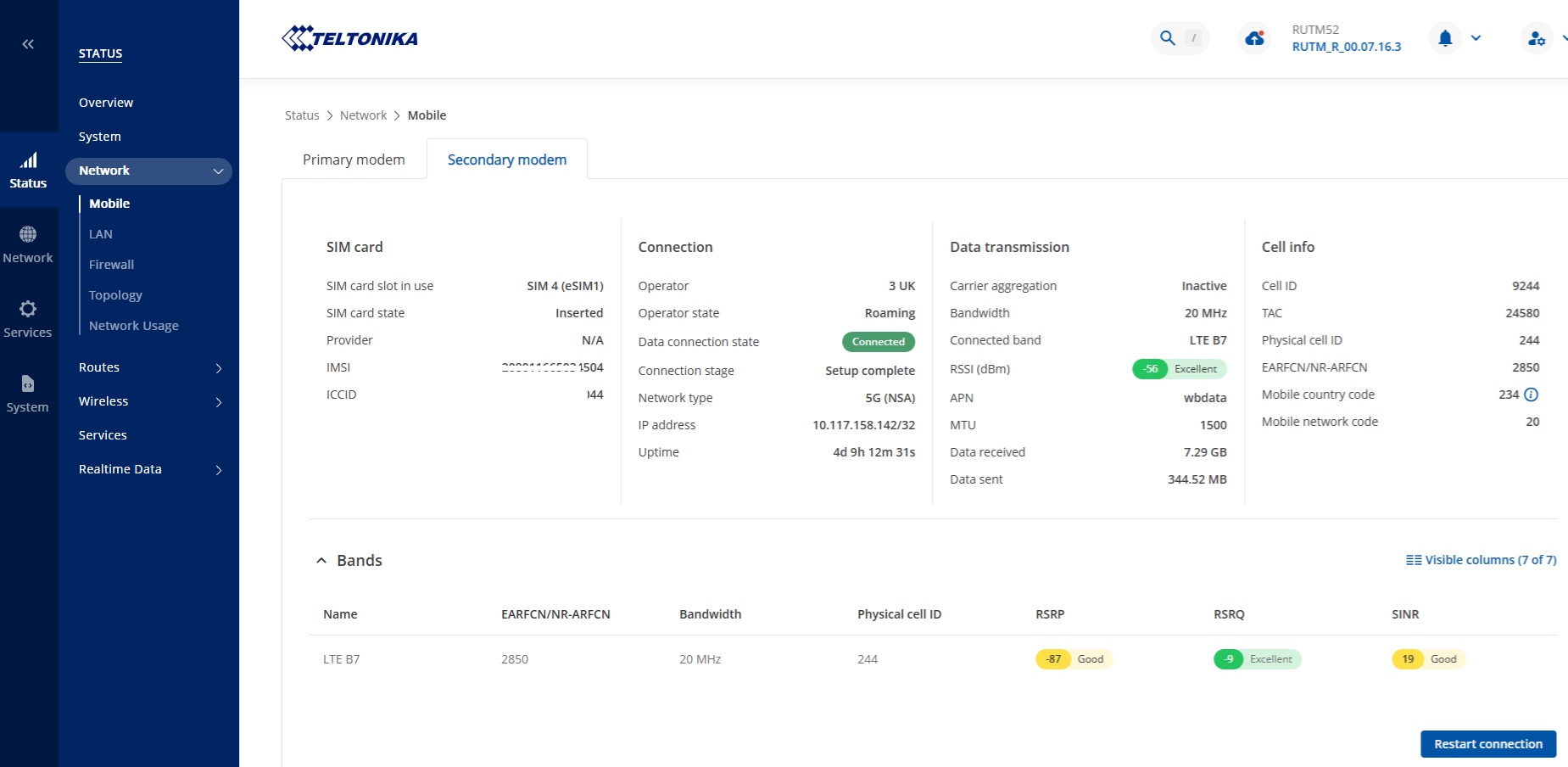 IoTie eSIM connected with Teltonika router