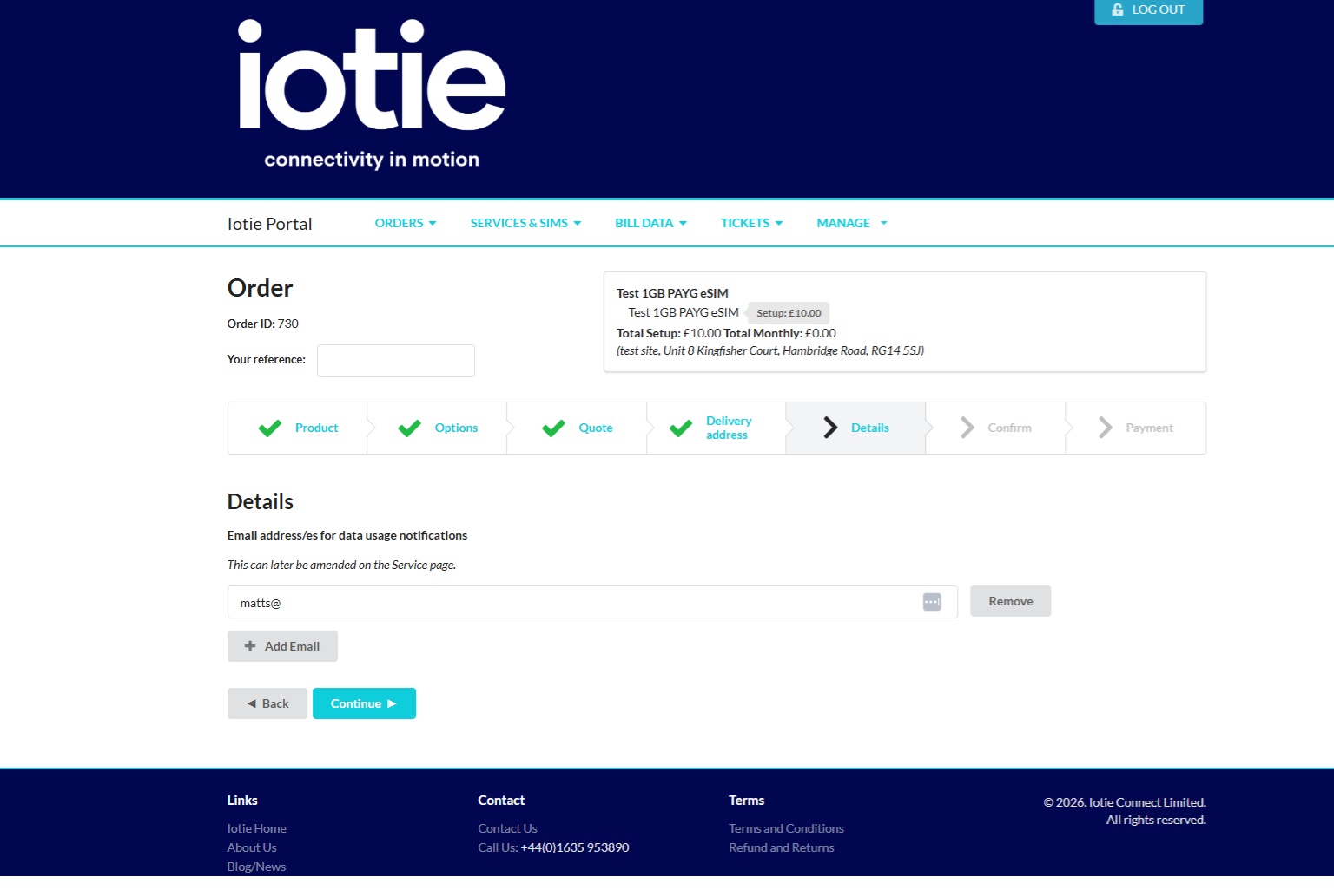 order corporate esim online stage4 enter email data alert details