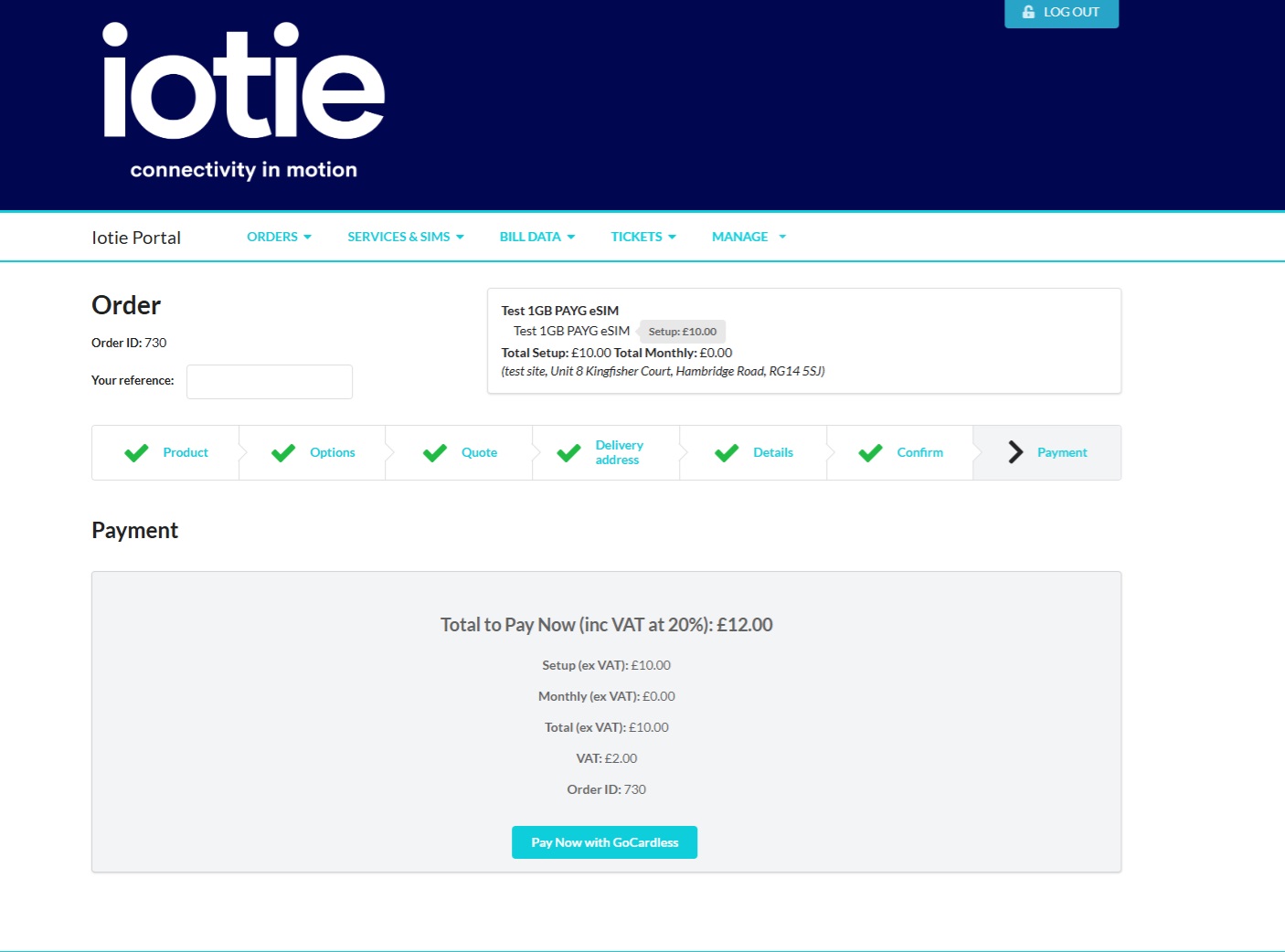 order corporate esim online stage5 complete payment using gocardless